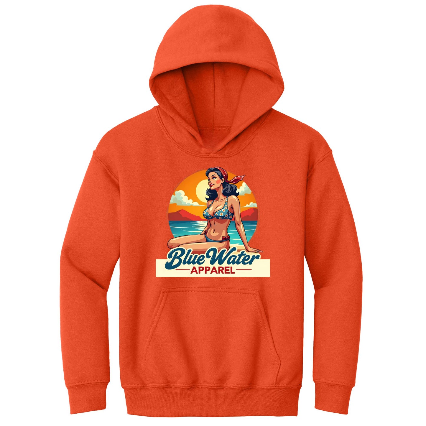 flat lay orange vintage pin up kids hoodie by blue water apparel