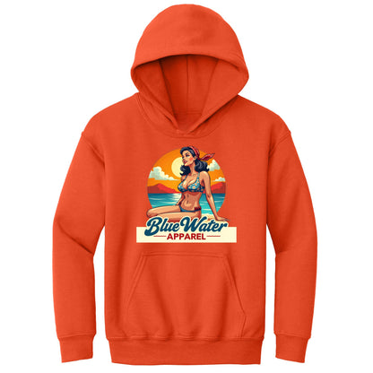 flat lay orange vintage pin up kids hoodie by blue water apparel