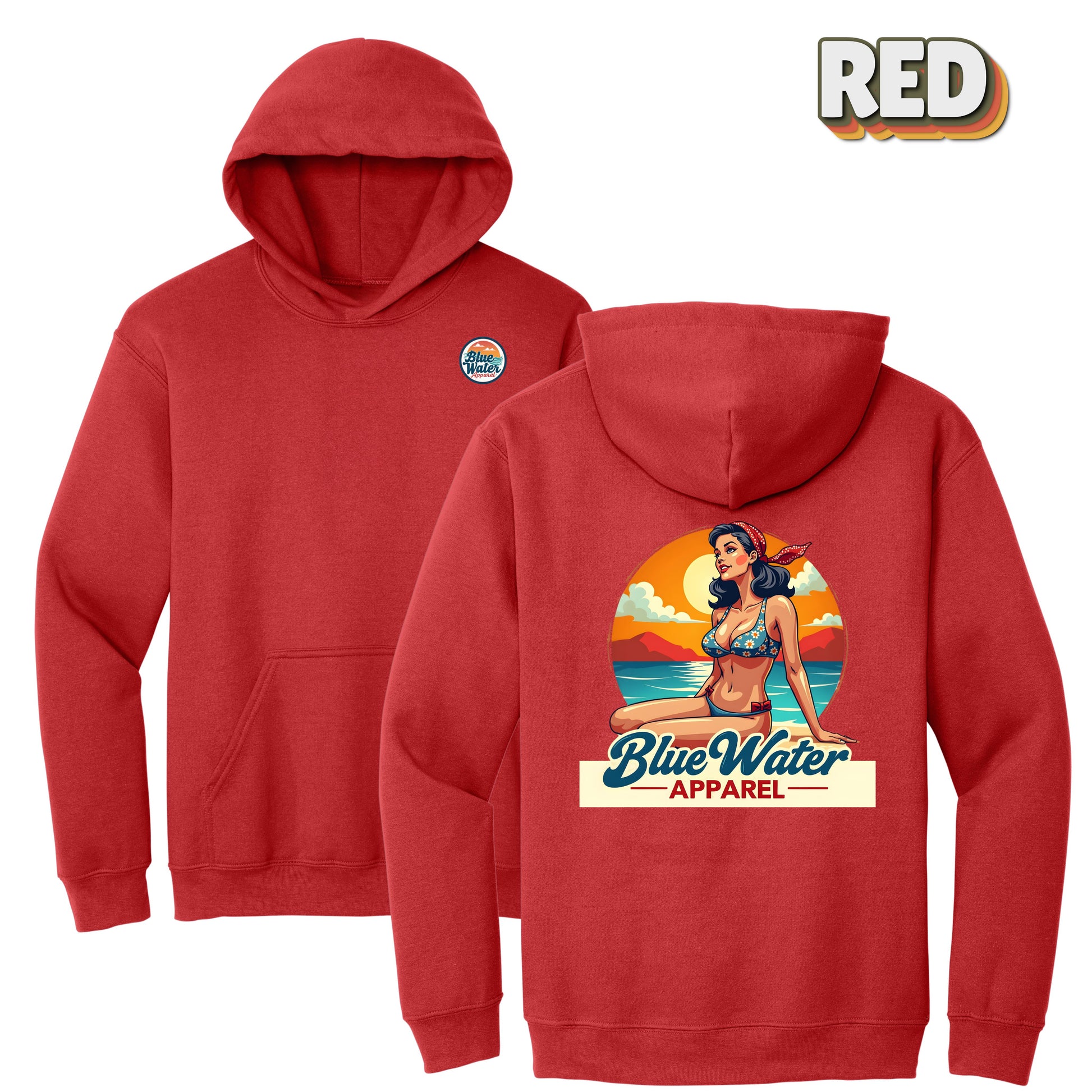 flat lay red vintage pin up hoodie by blue water apparel