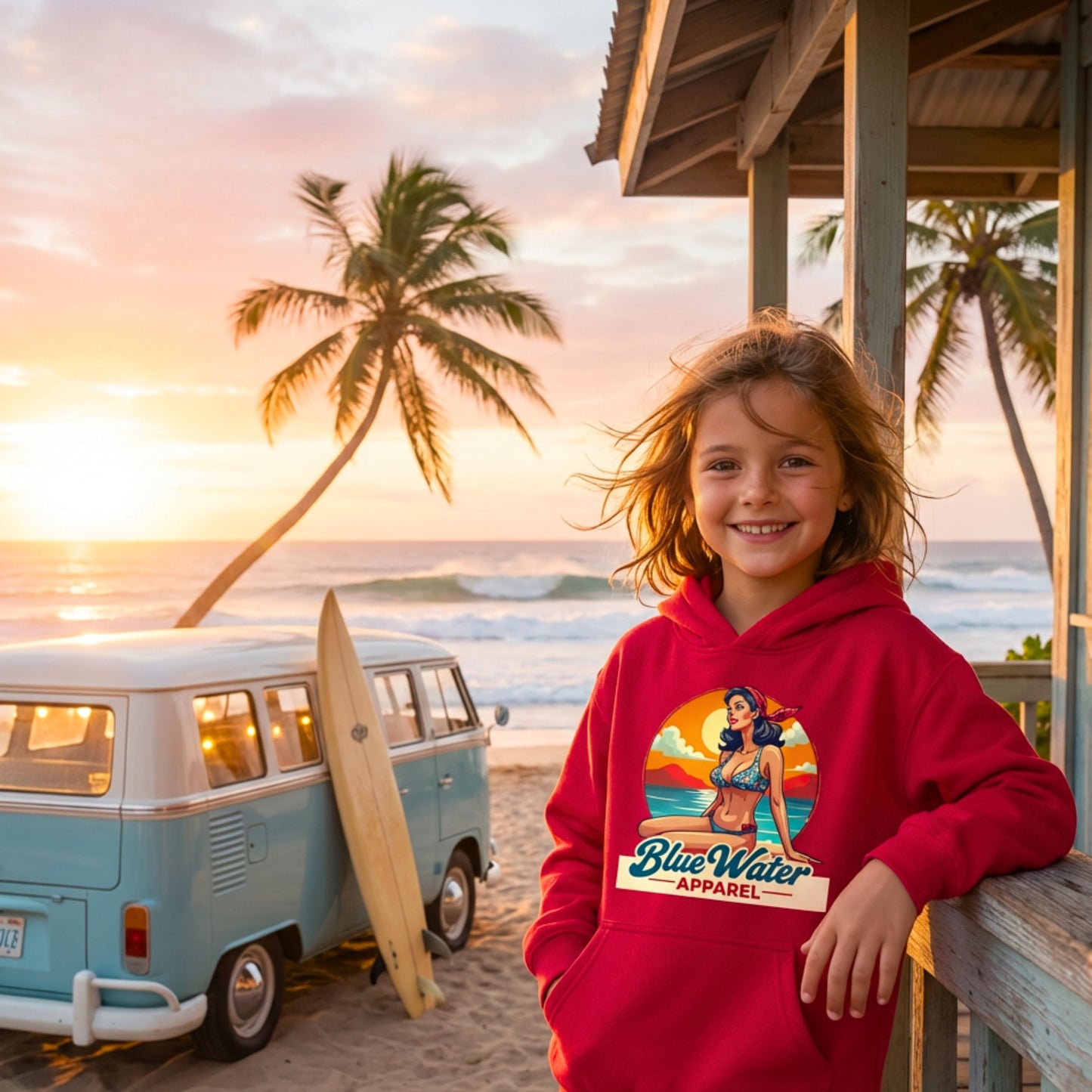 child model wearing red vintage pin-up kids hoodie at surf shack with vw van in background by blue water apparel