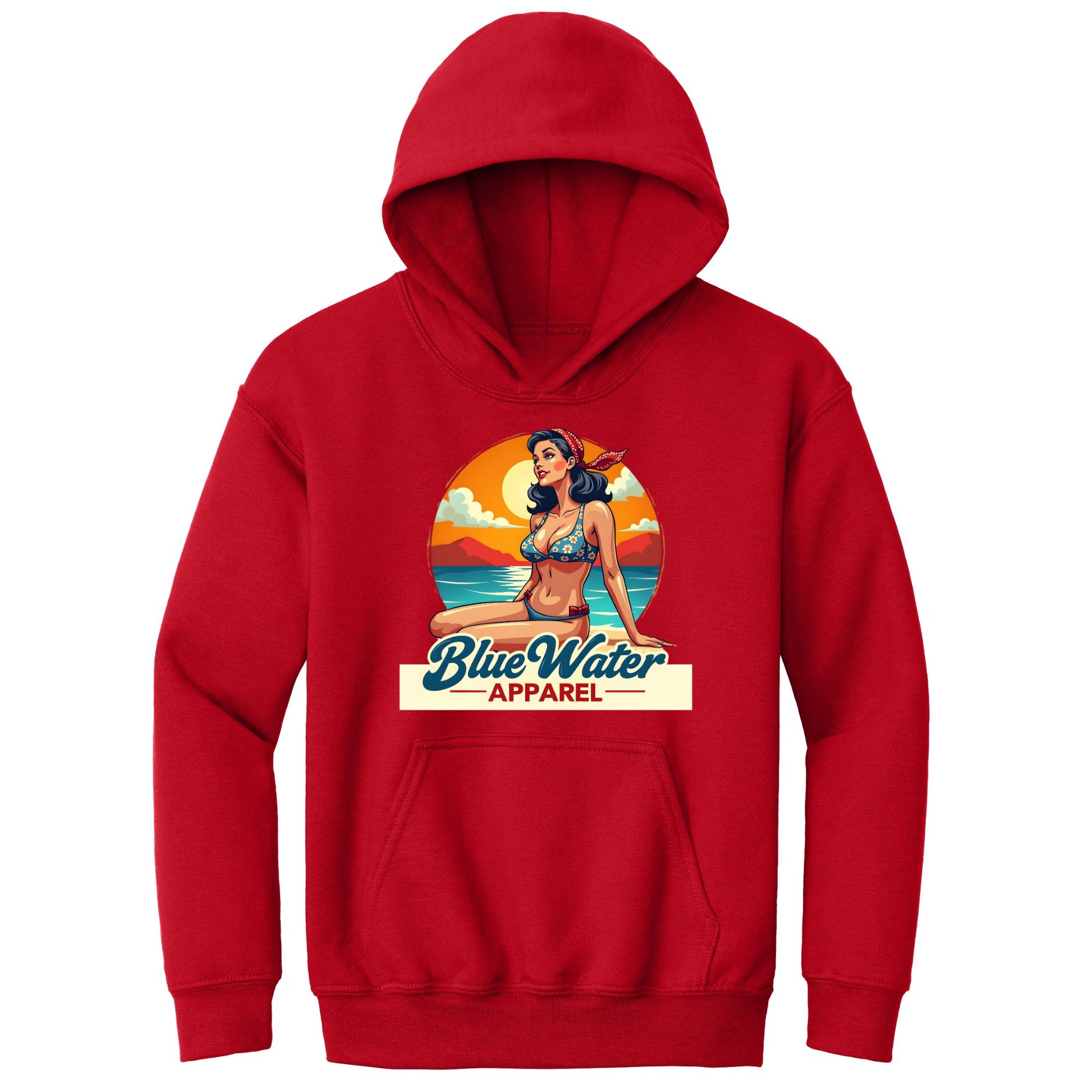 flat lay red vintage pin up kids hoodie by blue water apparel