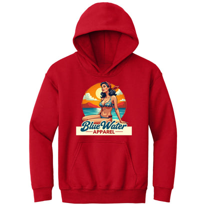 flat lay red vintage pin up kids hoodie by blue water apparel