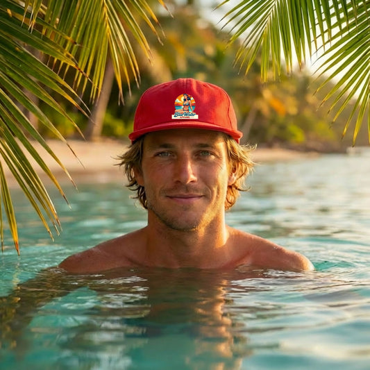 man wearing red vintage pin-up surf cap sitting in tropical waters by blue water apparel
