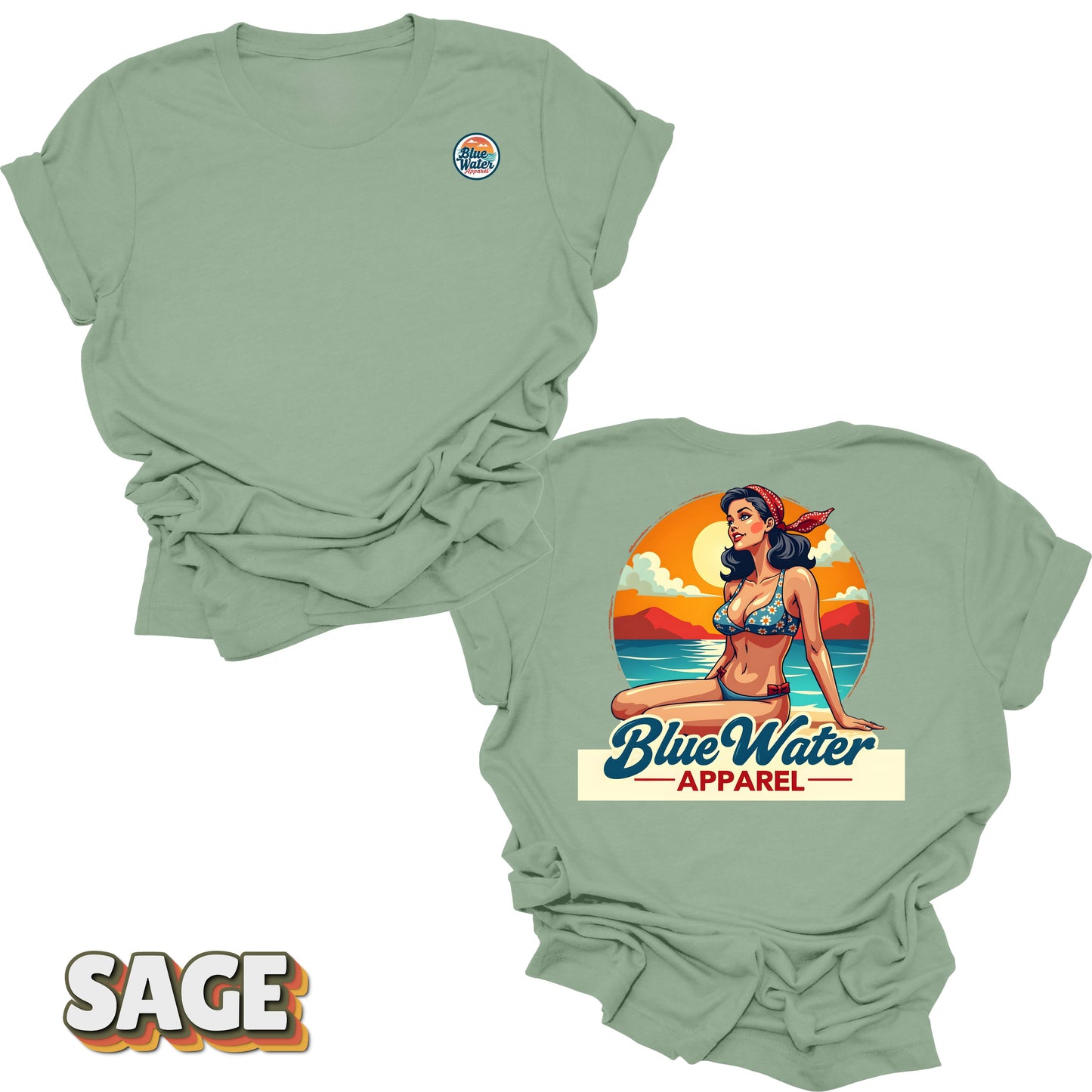 Flat lay tee in Sage of Vintage Pin-Up by Blue Water Apparel