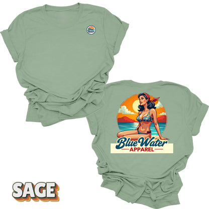 Flat lay tee in Sage of Vintage Pin-Up by Blue Water Apparel