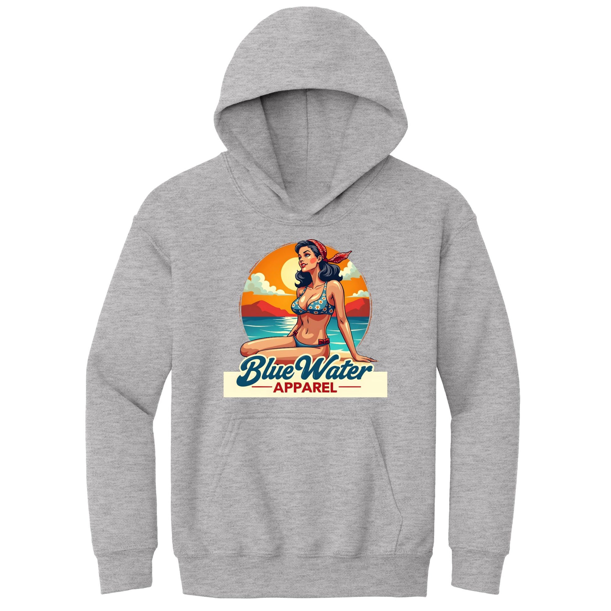 flat lay sport grey vintage pin up kids hoodie by blue water apparel