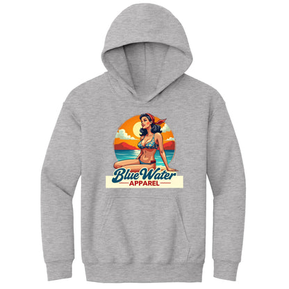 flat lay sport grey vintage pin up kids hoodie by blue water apparel