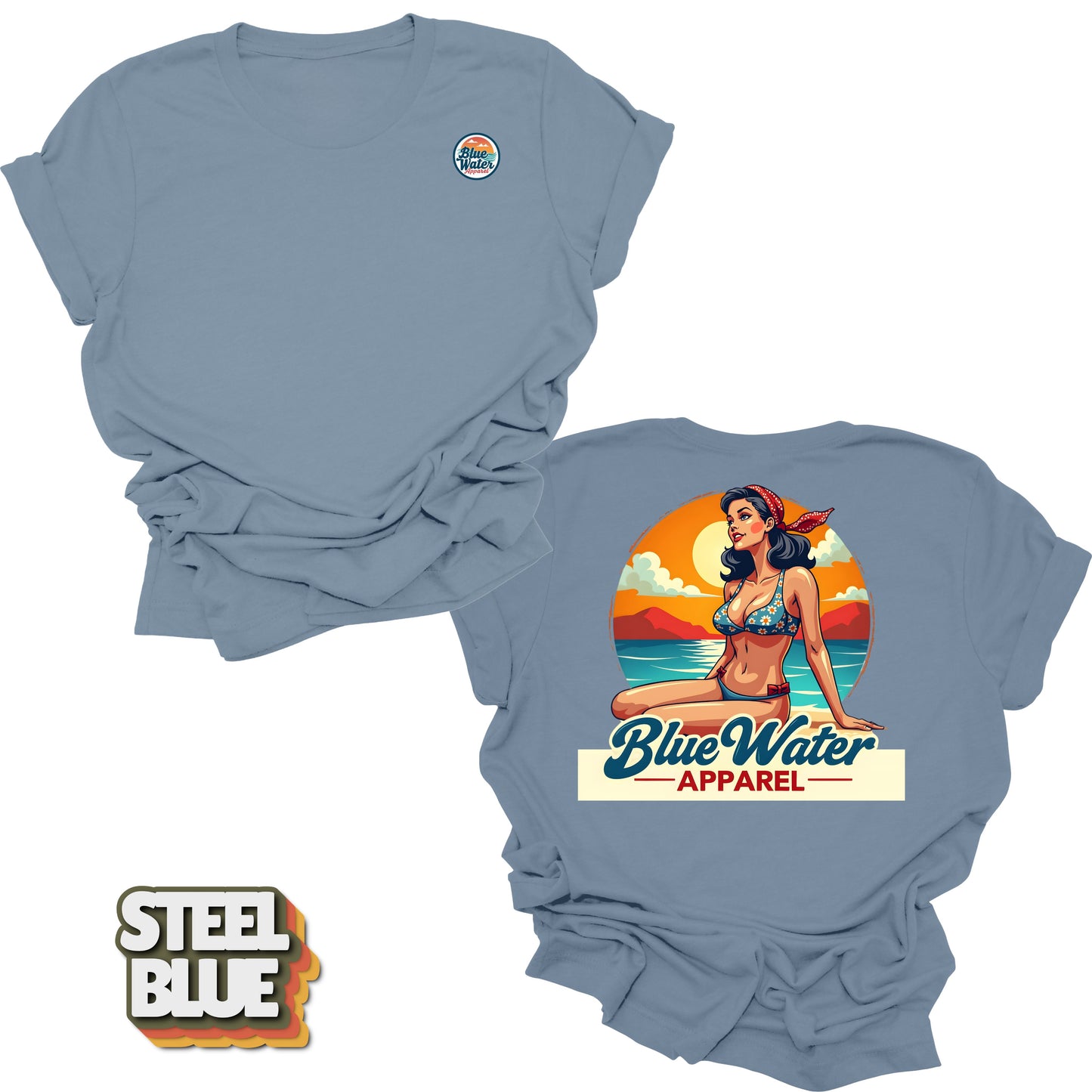 Flat lay tee in Steel Blue of Vintage Pin-Up by Blue Water Apparel