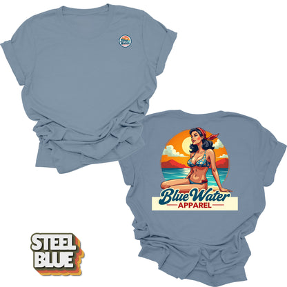 Flat lay tee in Steel Blue of Vintage Pin-Up by Blue Water Apparel