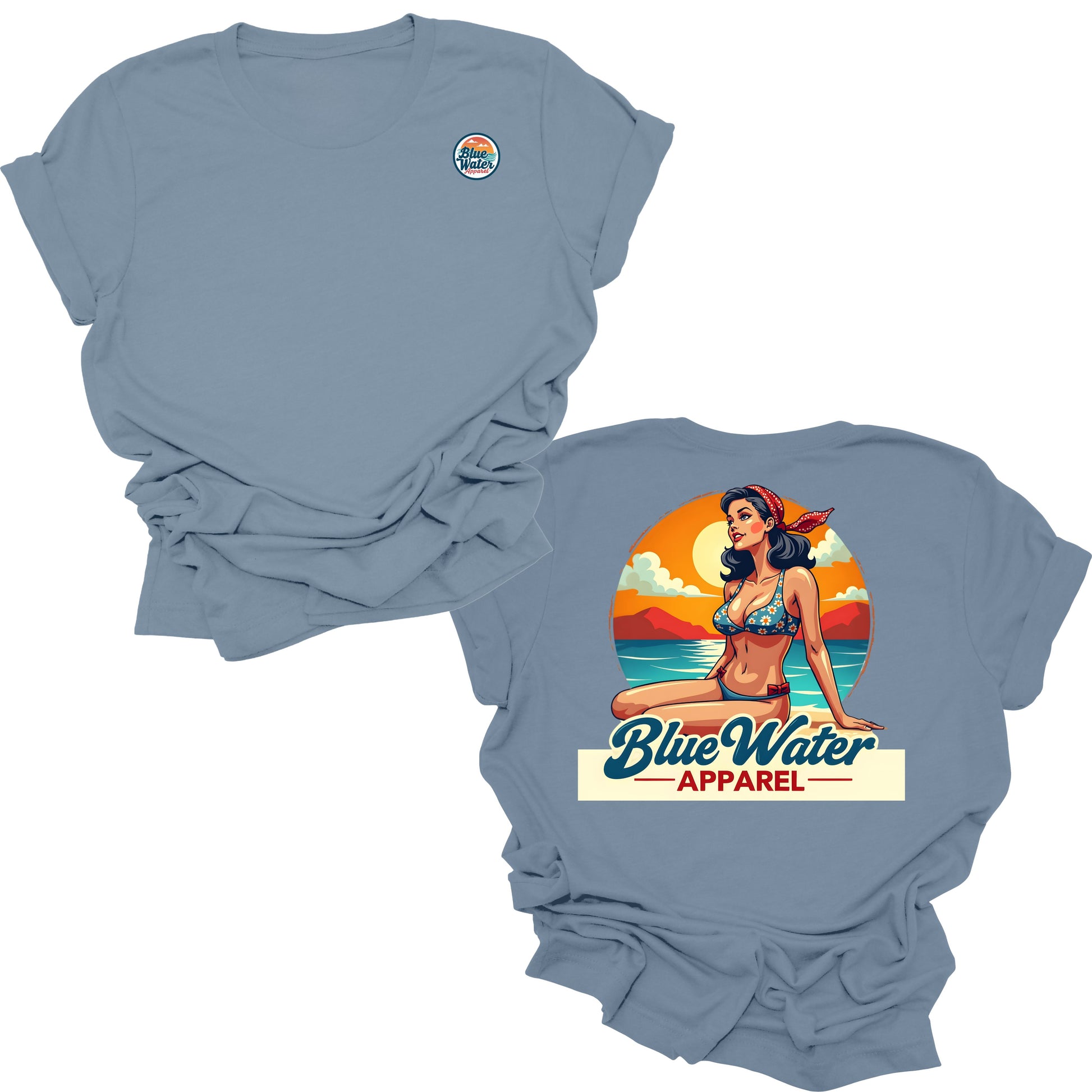 flat lay steel bluel vintage pin up tee by blue water apparel