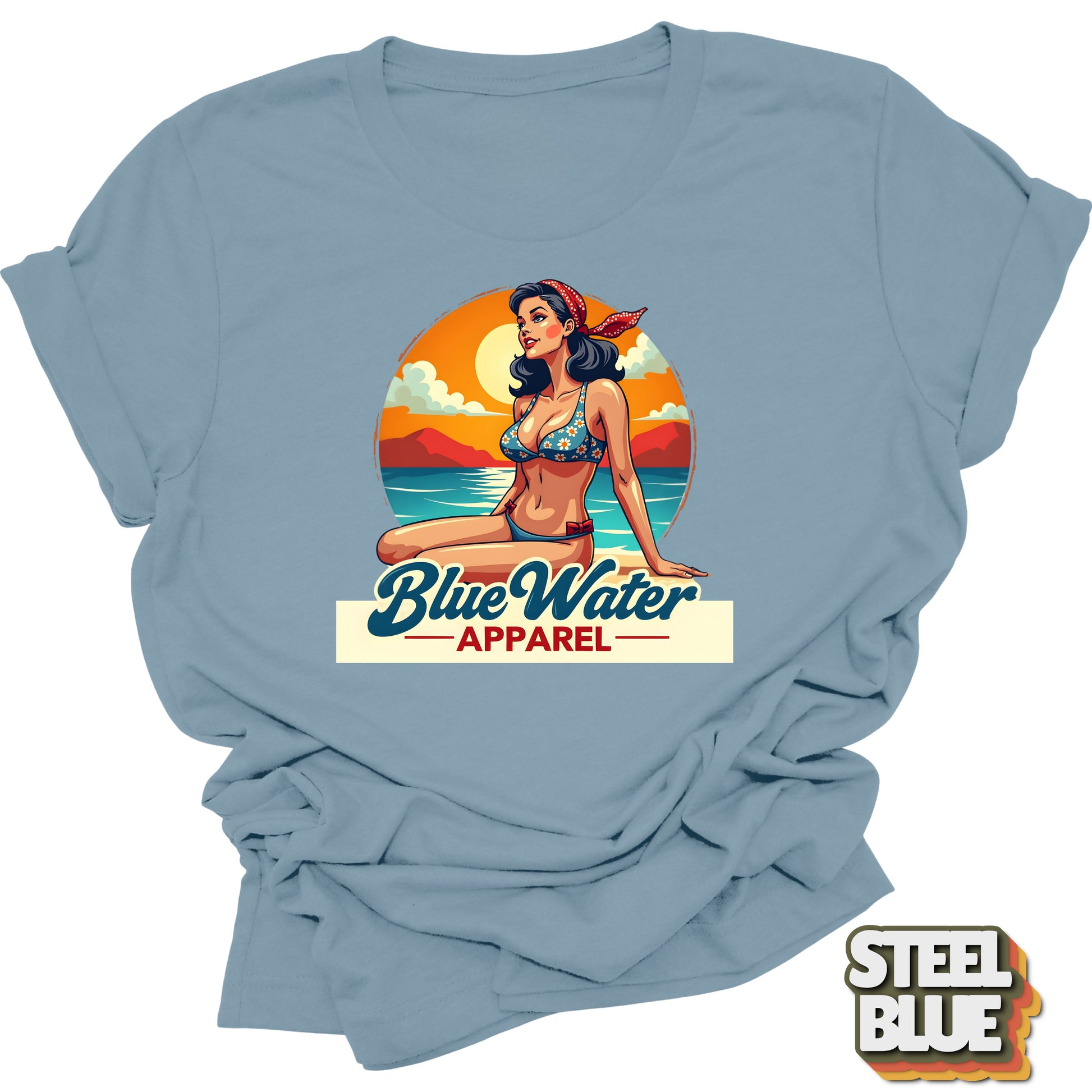 Flat lay of steel blue vintage pin up graphic by Blue Water Apparel