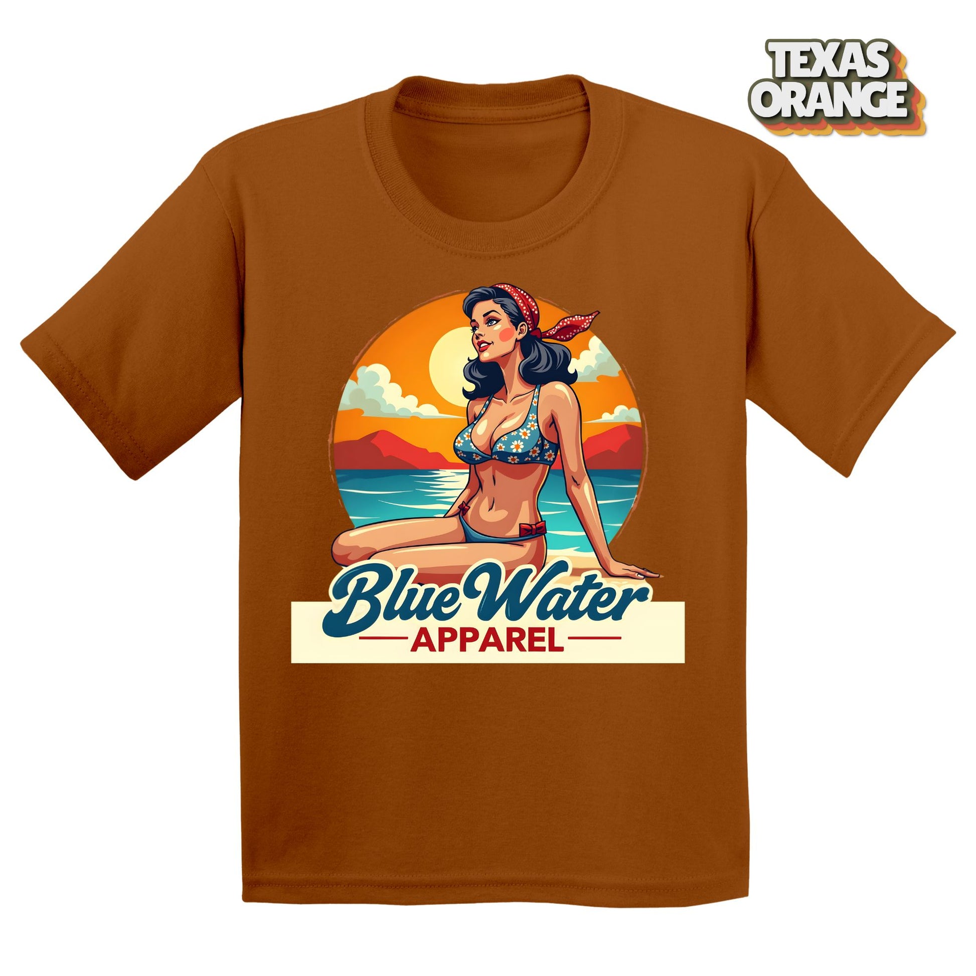 Flat lay Texas Orange Vintage Pin-Up tee by Blue Water Apparel