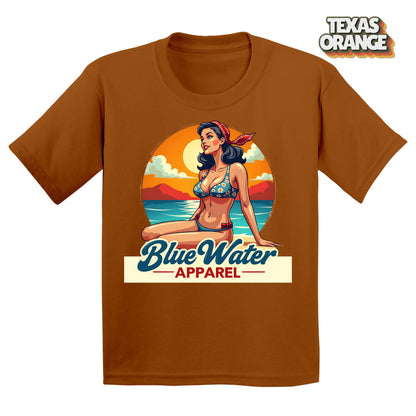 Flat lay Texas Orange Vintage Pin-Up tee by Blue Water Apparel