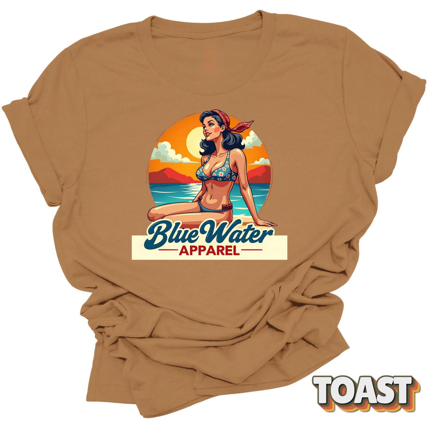 Flat lay of toast vintage pin up graphic by Blue Water Apparel