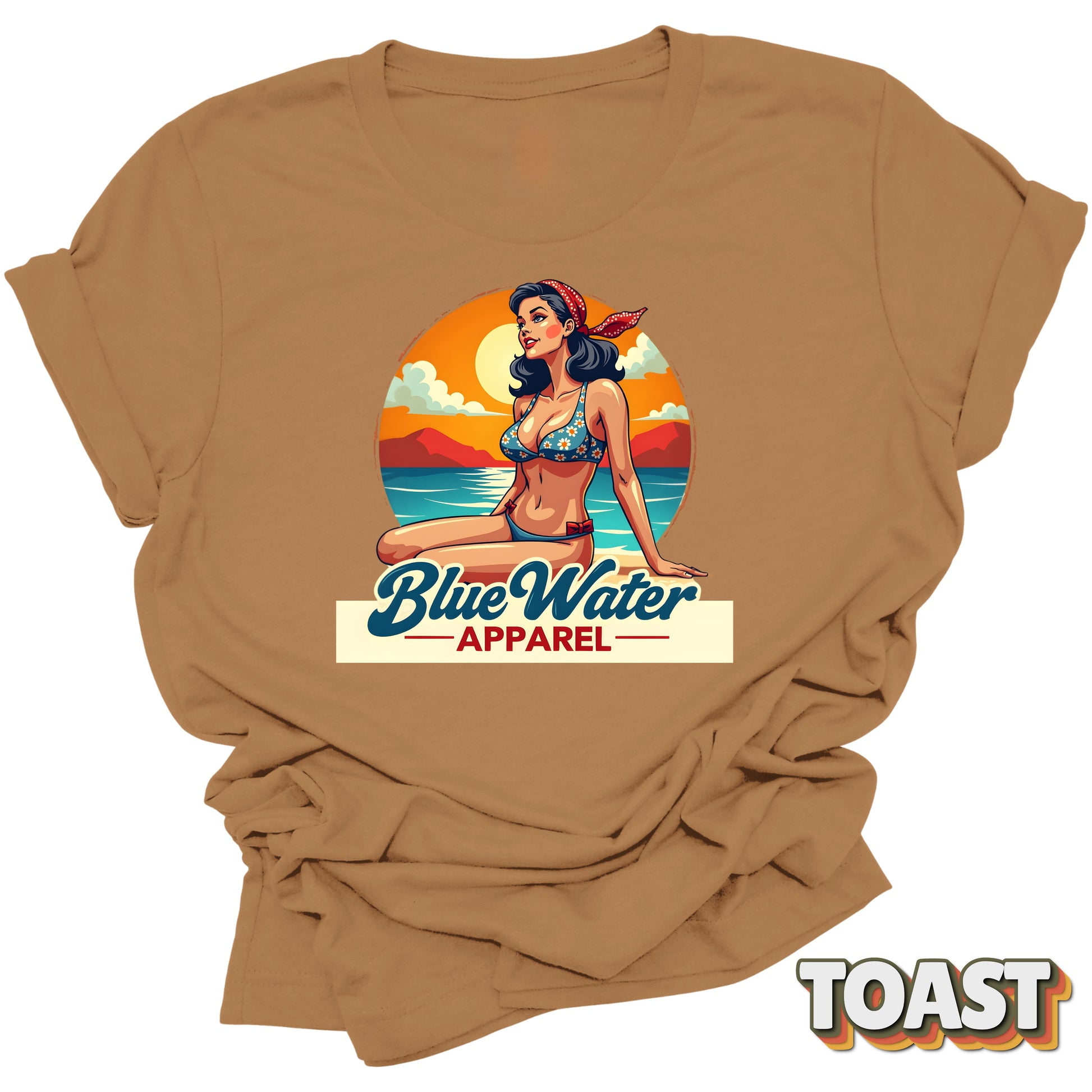 Flat lay of toast vintage pin up graphic by Blue Water Apparel