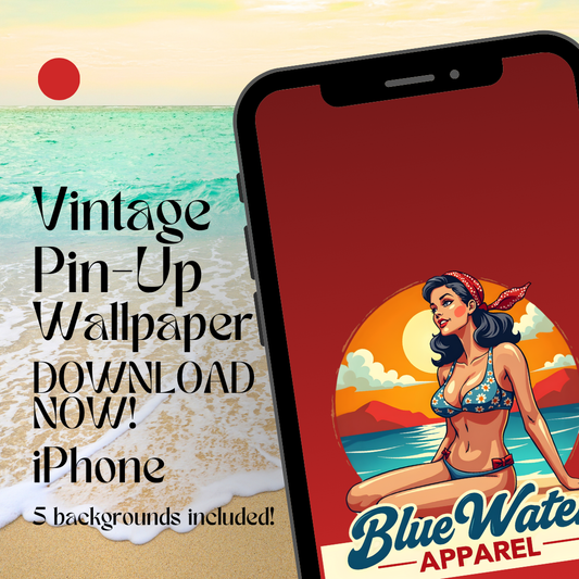 vintage pin-up iPhone wallpaper mockup with beach background by blue water apparel