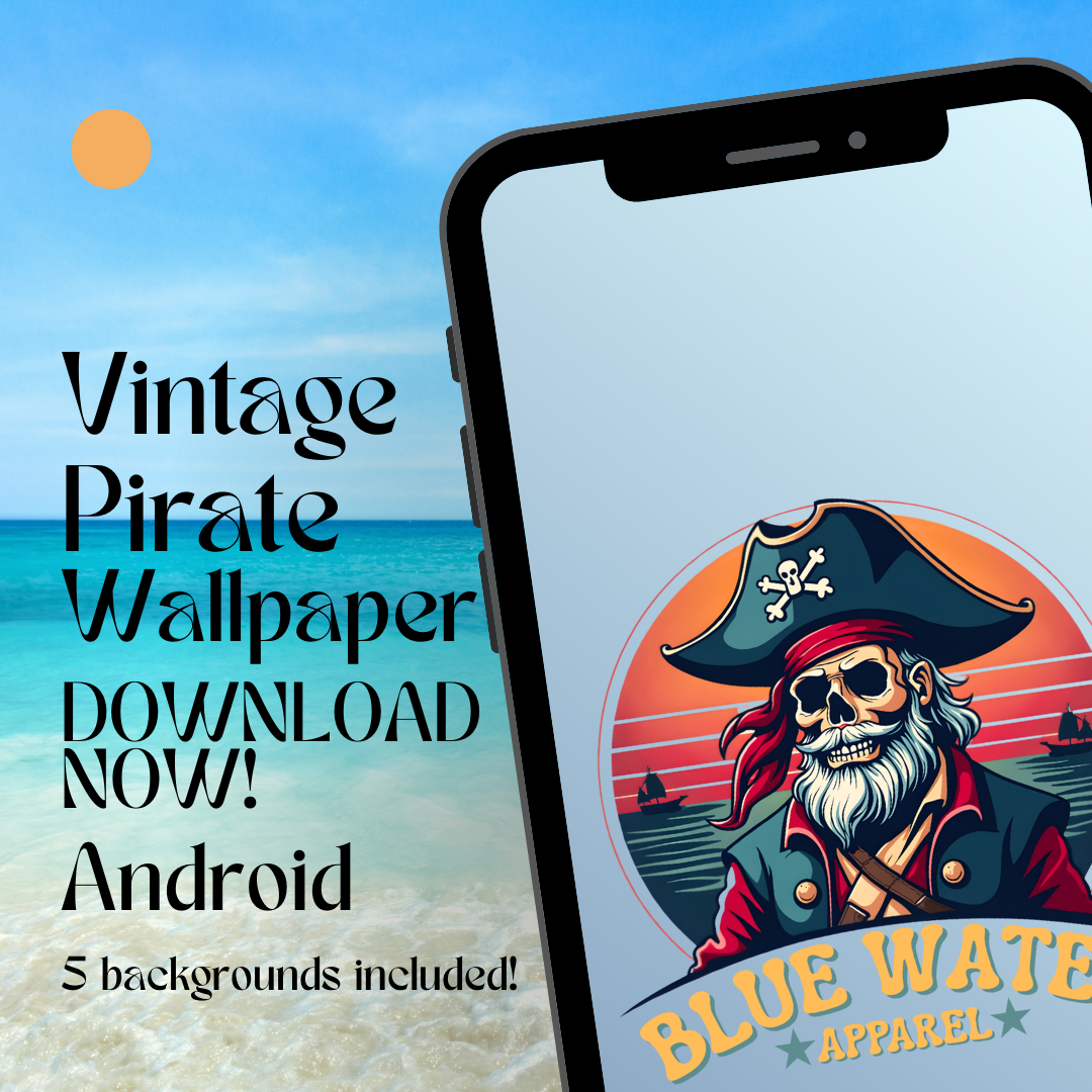 vintage pirate android wallpaper mockup with beach background by blue water apparel