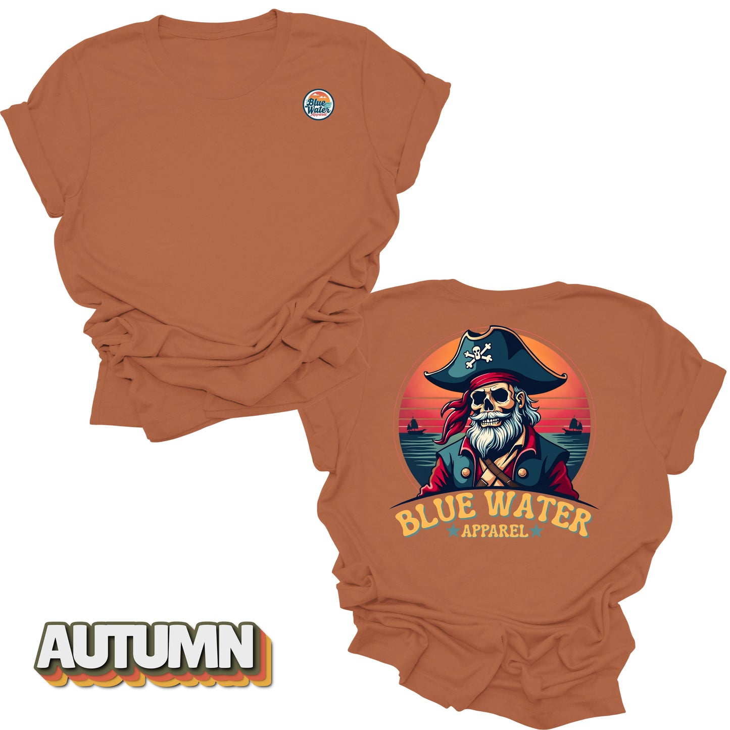 Flat lay of Autumn Back Graphic Vintage Pirate tee by Blue Water Apparel