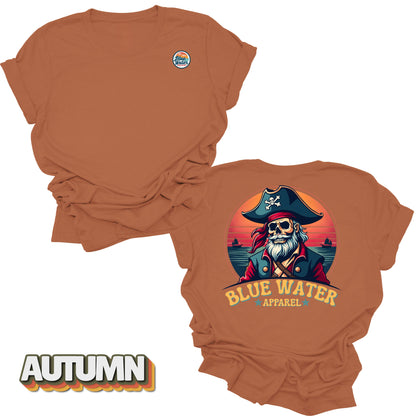 Flat lay of Autumn Back Graphic Vintage Pirate tee by Blue Water Apparel