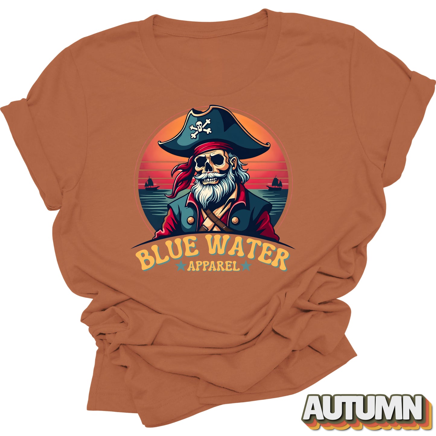 Flat lay of Autumn Front Graphic Vintage Pirate tee by Blue Water Apparel