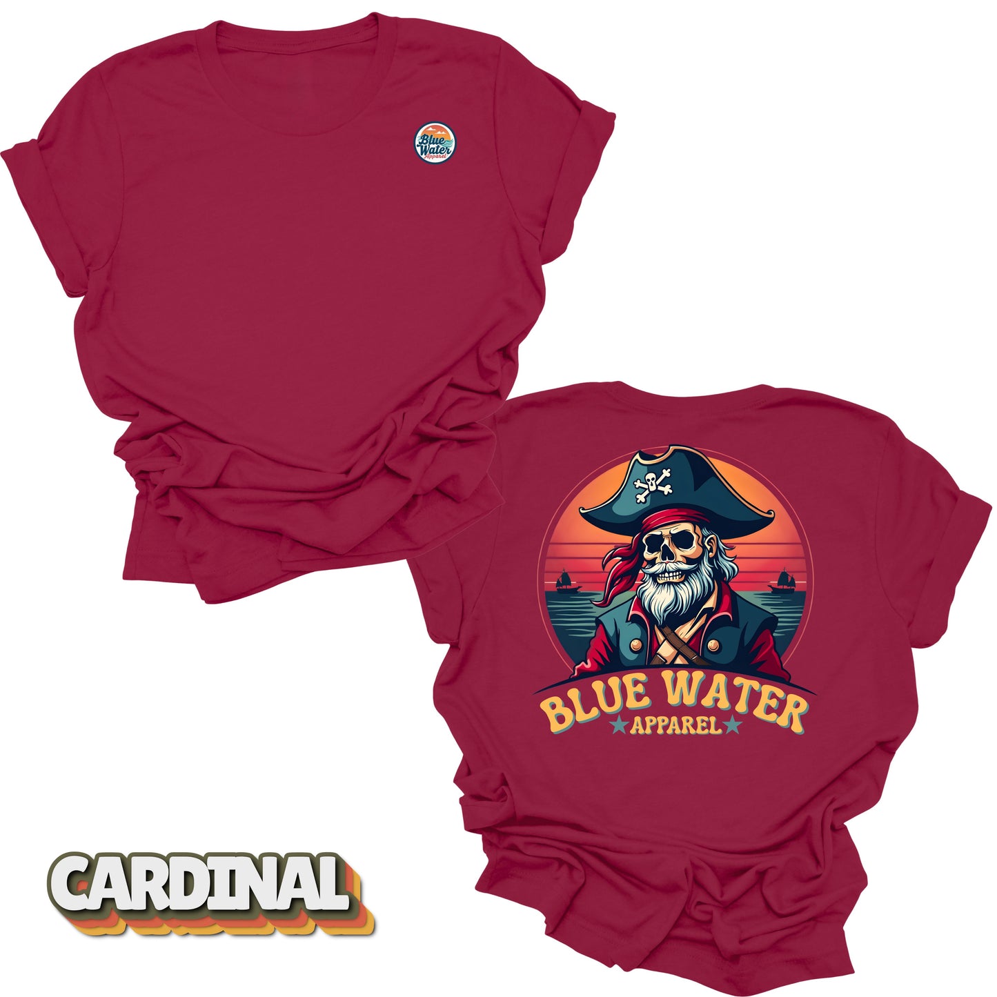Flat lay of Cardinal Red Back Graphic Vintage Pirate tee by Blue Water Apparel