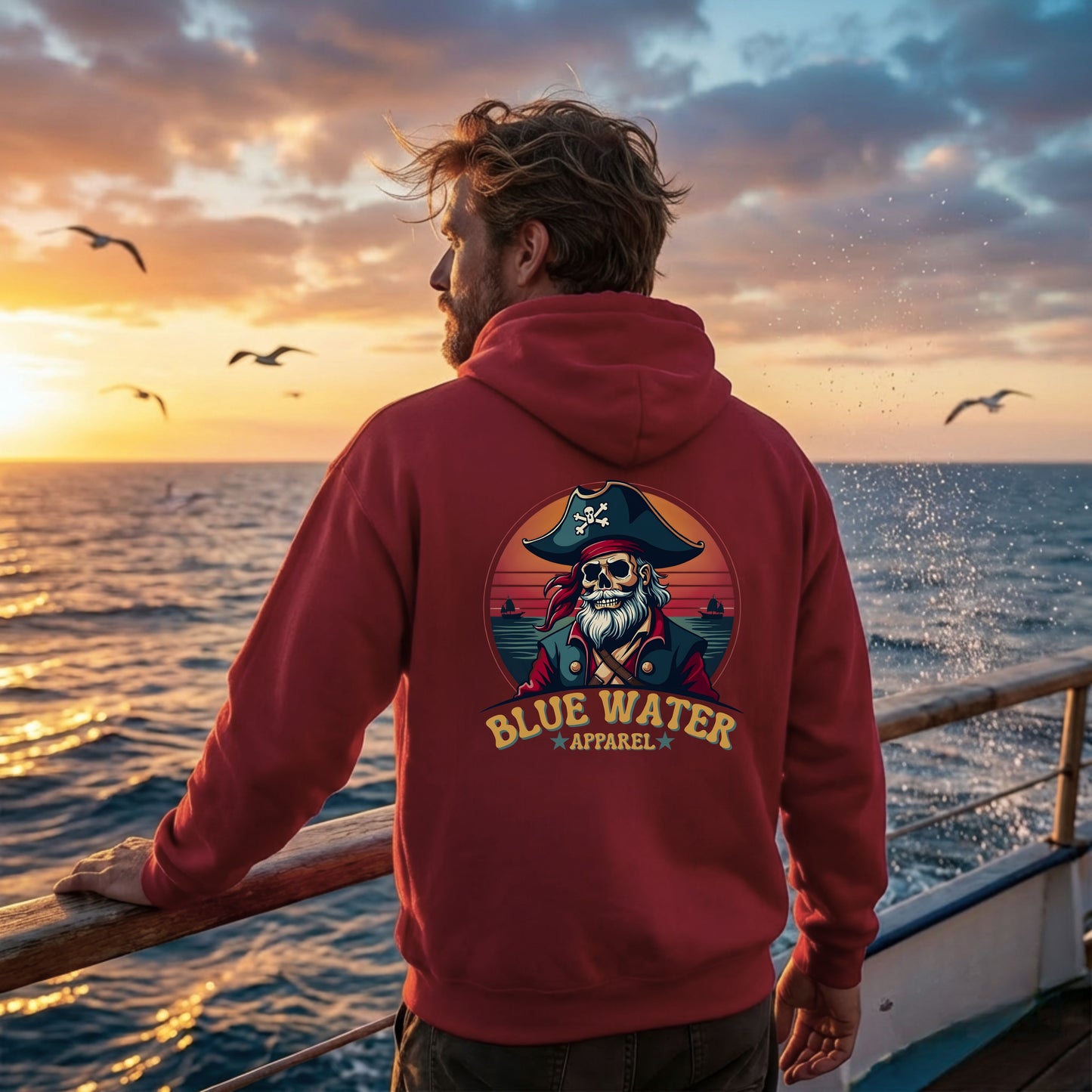 man wearing cardinal red vintage pirate adult hoodie on boat by blue water apparel