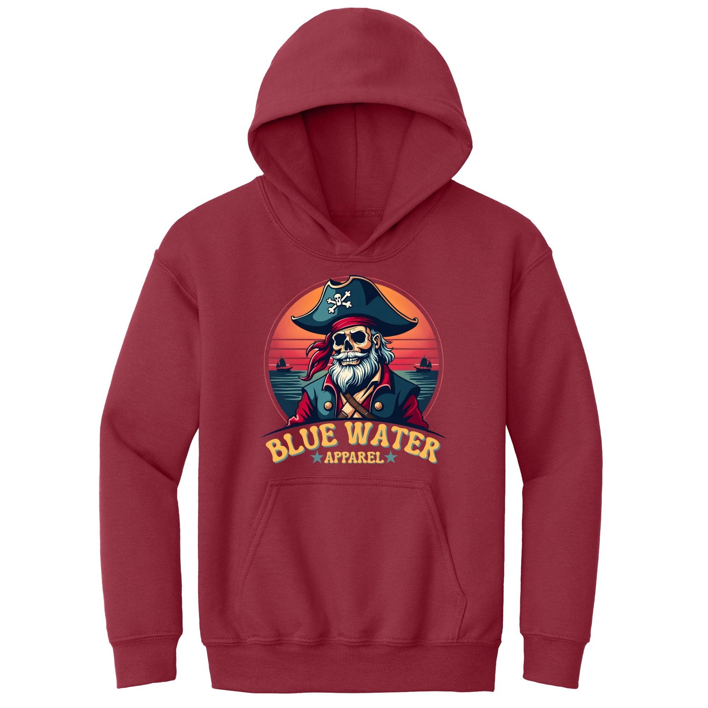 flat lay cardinal red vintage pirate kids hoodie by blue water apparel