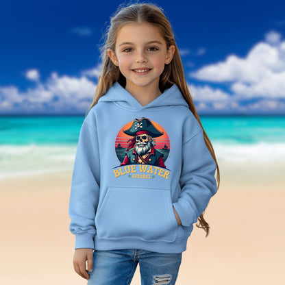 child model on beach wearing carolina blue vintage pirate kids hoodie by blue water apparel
