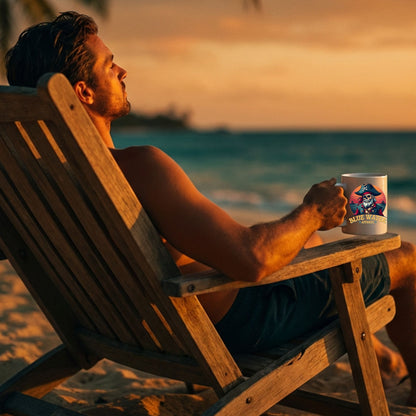 man holding vintage pirate coffee mug sitting on beach chair at sunrise beach by blue water apparel