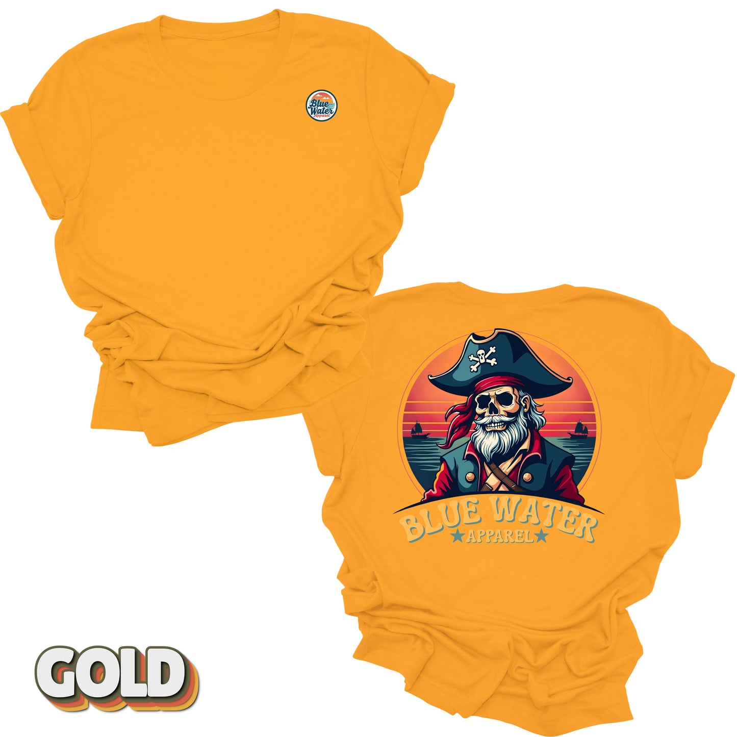 Flat lay of Gold Back Graphic Vintage Pirate tee by Blue Water Apparel