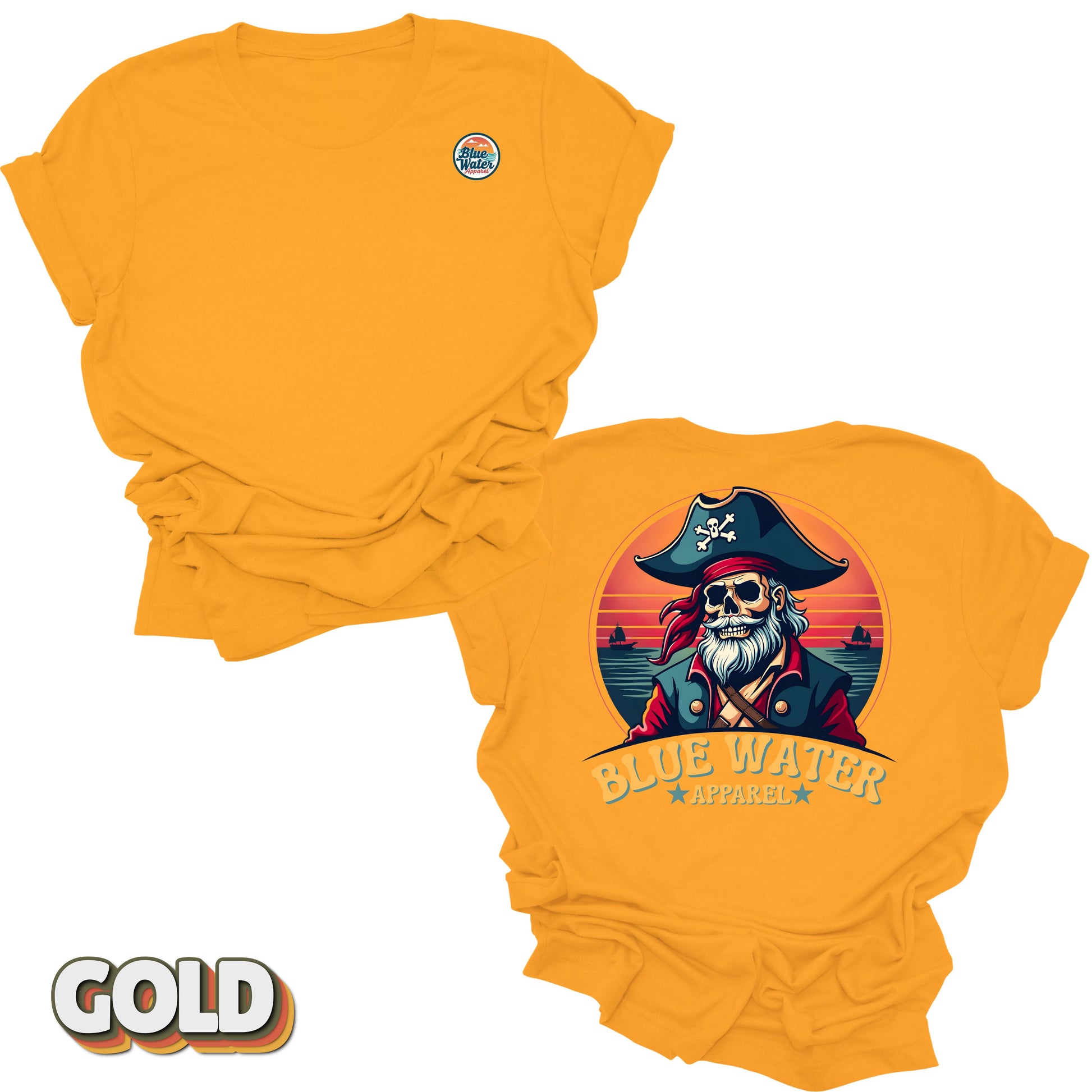 Flat lay of Gold Back Graphic Vintage Pirate tee by Blue Water Apparel