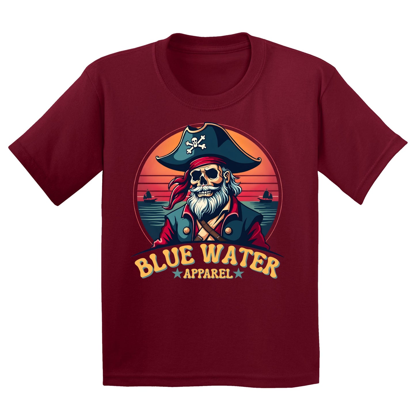 flat lay cardinal red vintage pirate kids tee by blue water apparel