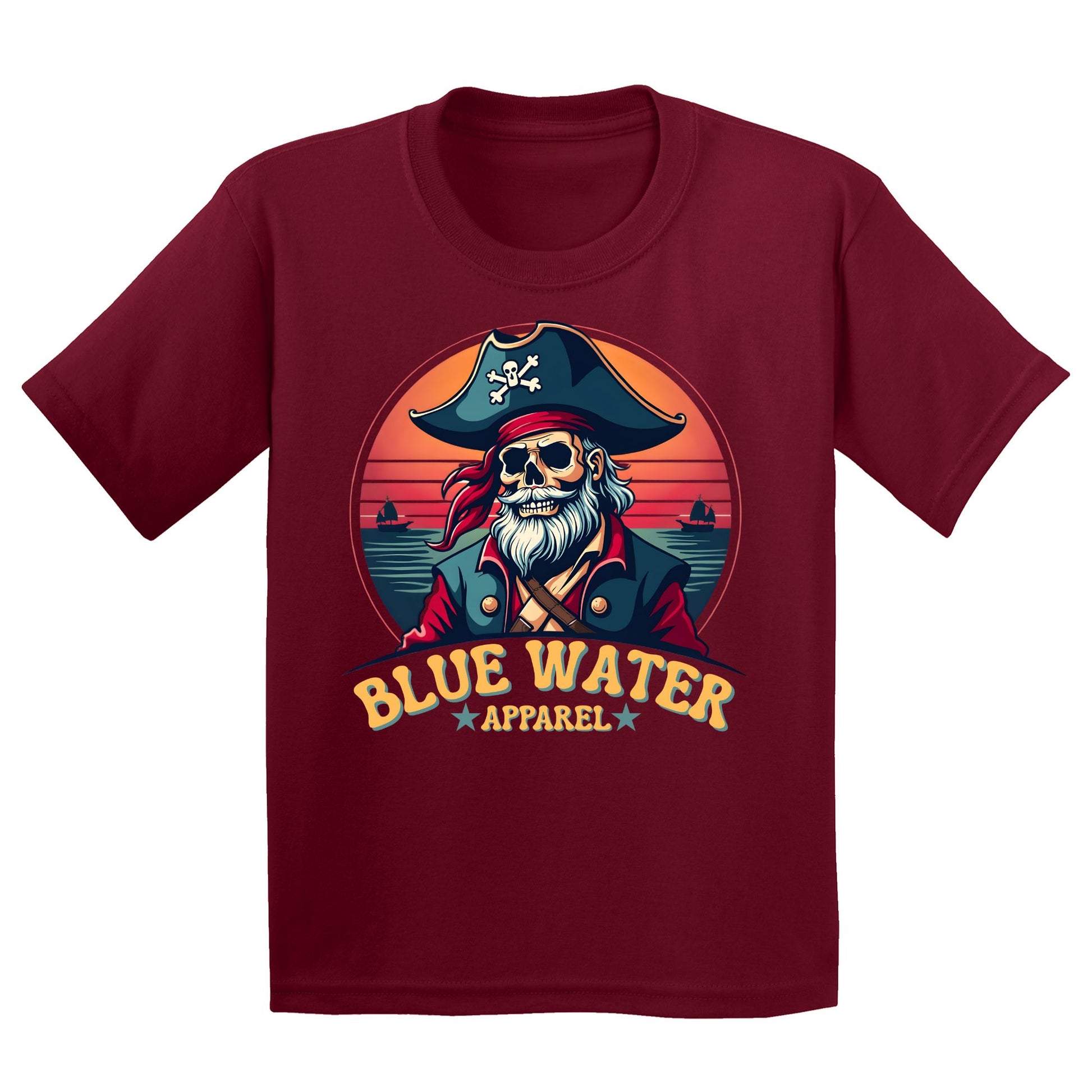 flat lay cardinal red vintage pirate kids tee by blue water apparel