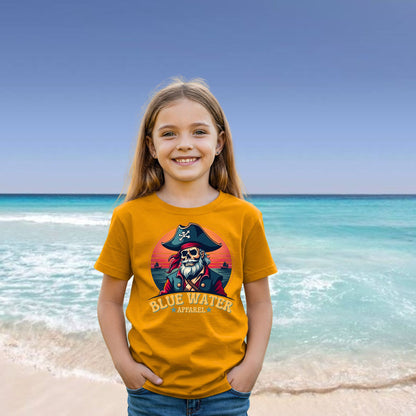 model on beach wearing Vintage Pirate Gold tshirt