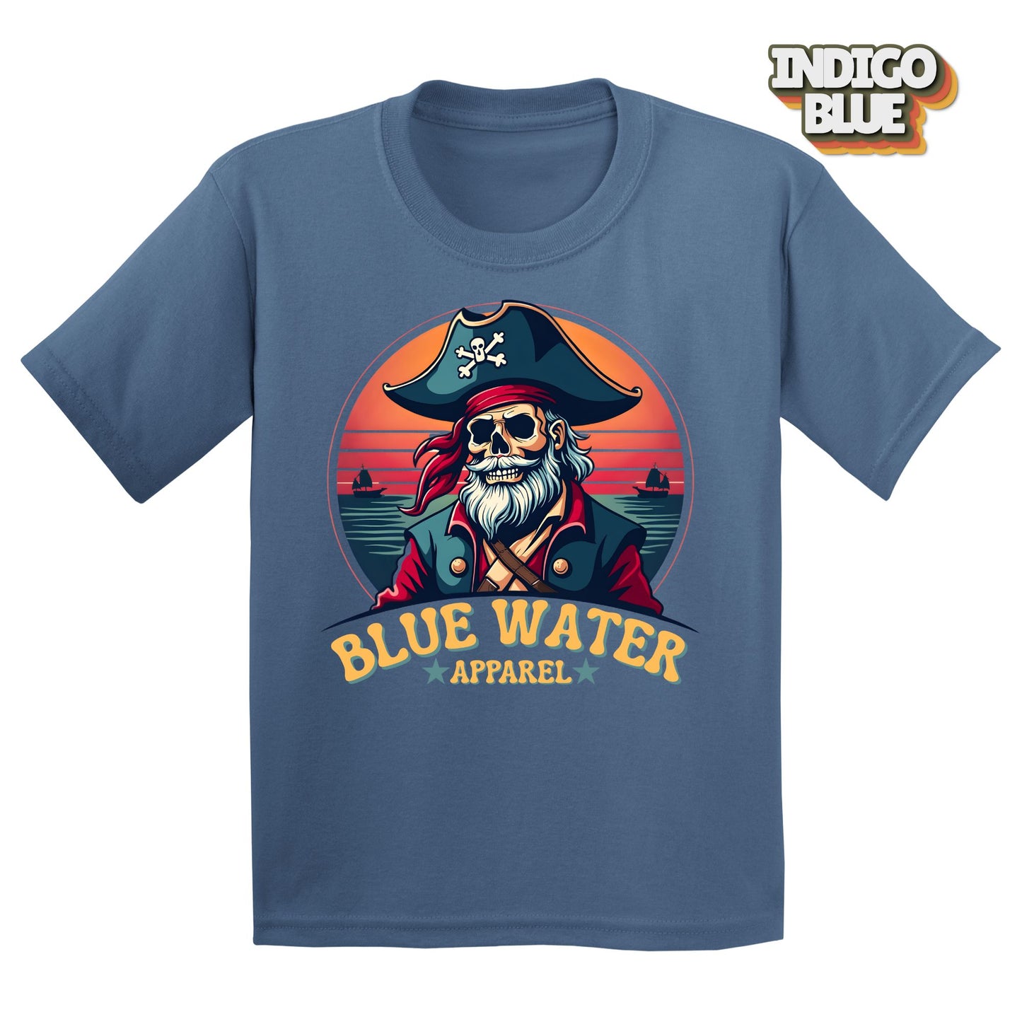 Flat Lay of Vintage Pirate Indigo Blue tee by Blue Water Apparel