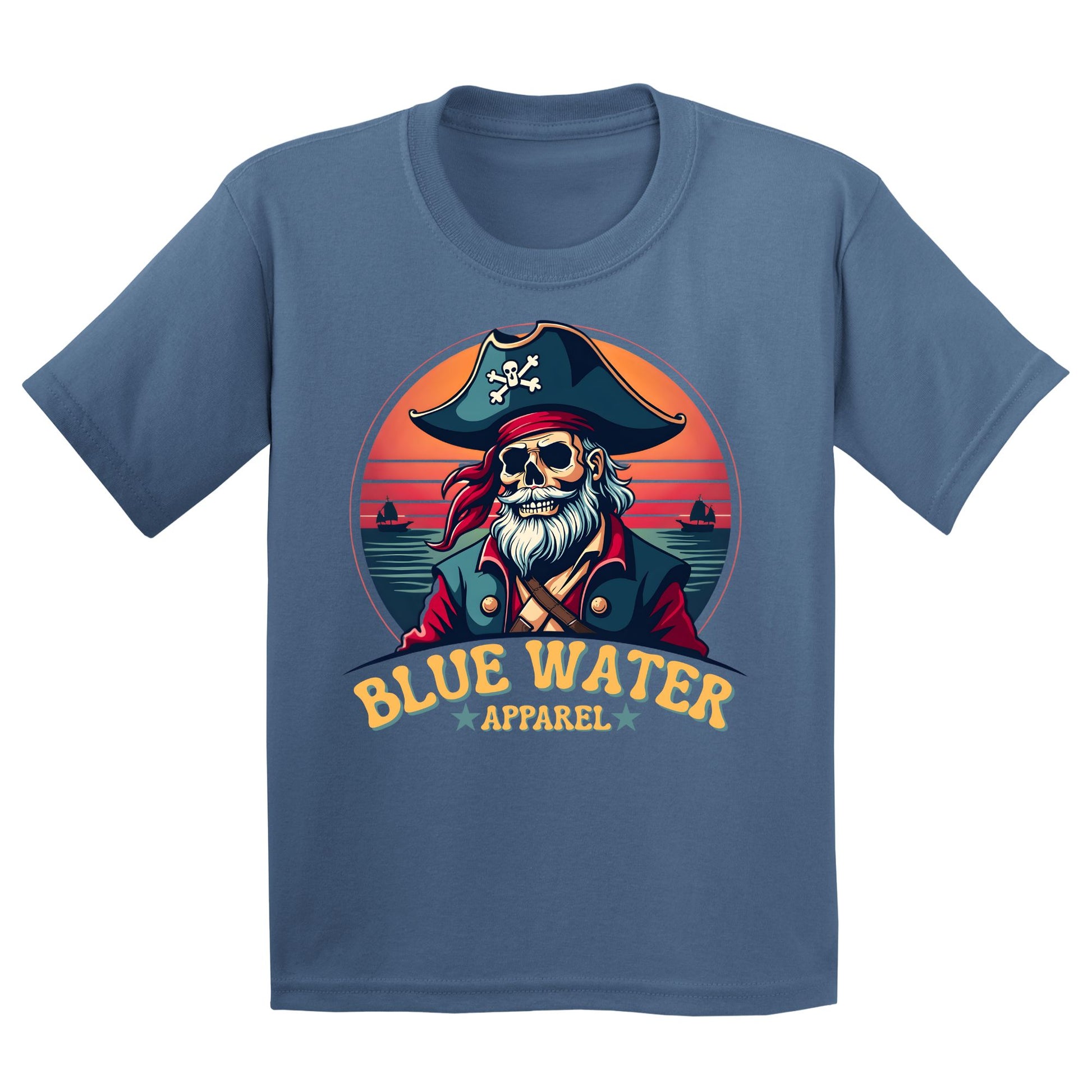 flat lay indigo blue vintage pirate kids tee by blue water apparel