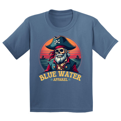 flat lay indigo blue vintage pirate kids tee by blue water apparel