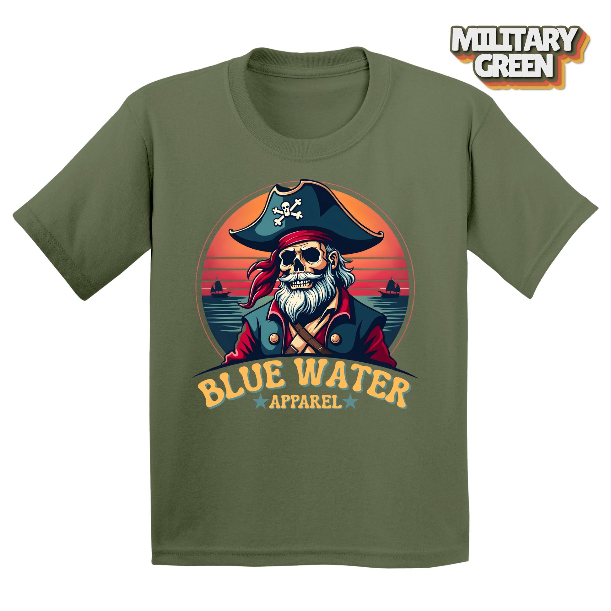 Flat Lay of Vintage Pirate Military Green tee by Blue Water Apparel