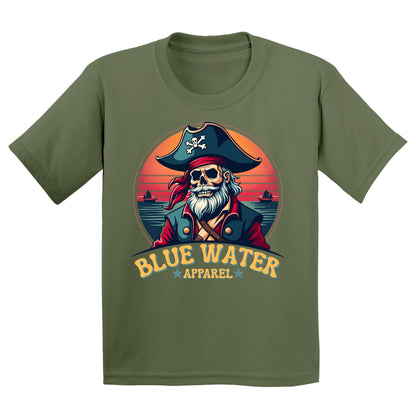 flat lay military green vintage pirate kids tee by blue water apparel
