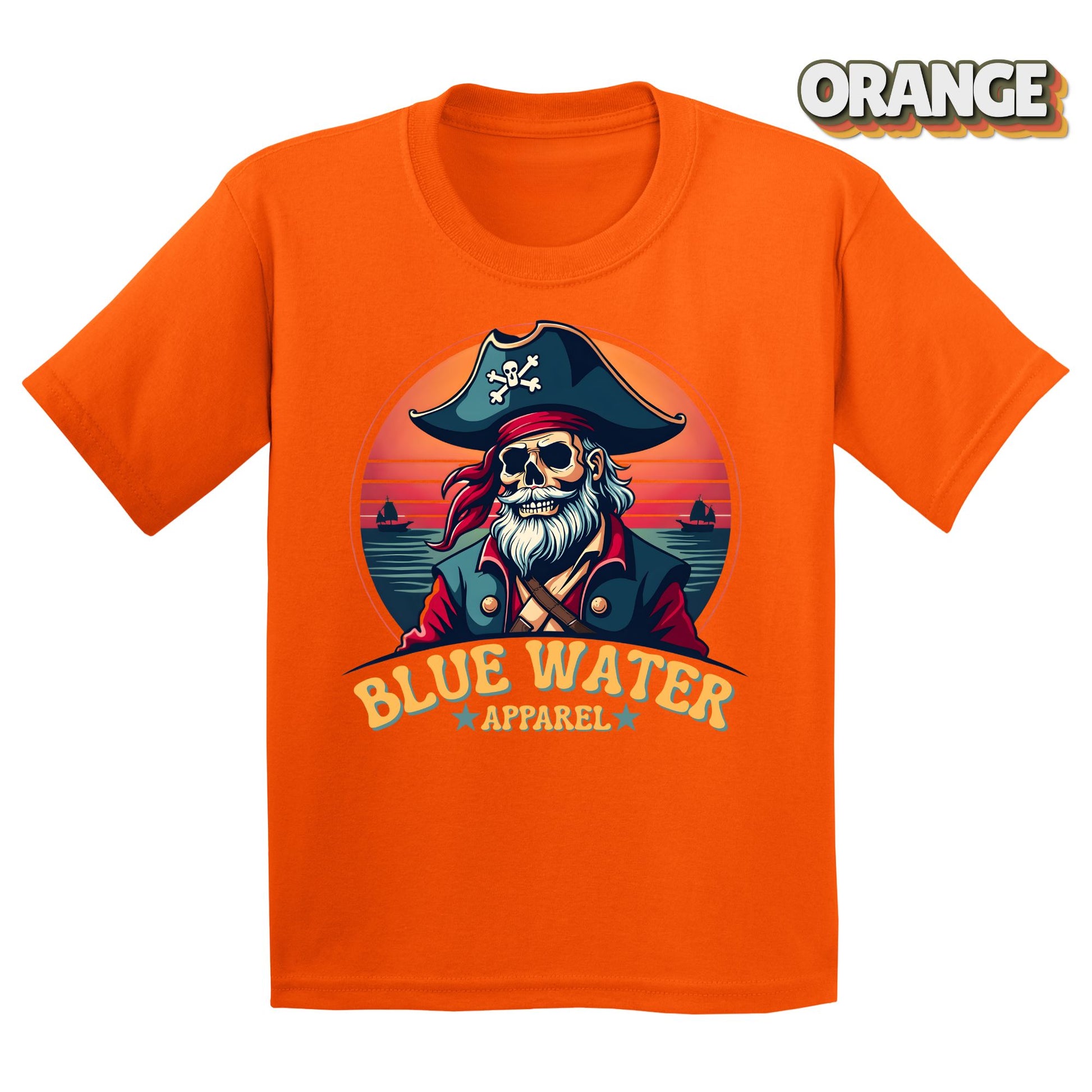 Flat Lay of Vintage Pirate Orange tee by Blue Water Apparel