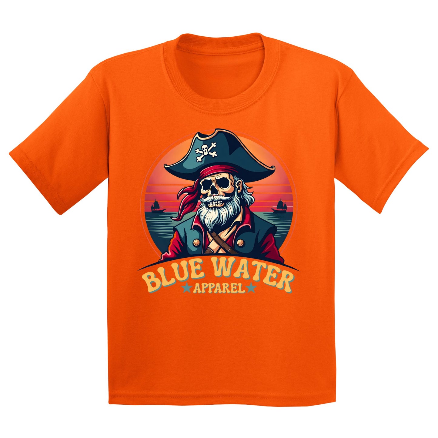 flat lay orange vintage pirate kids tee by blue water apparel