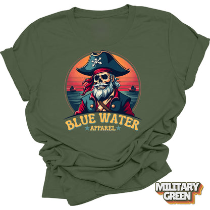 Flat lay of Military Green Front Graphic Vintage Pirate tee by Blue Water Apparel