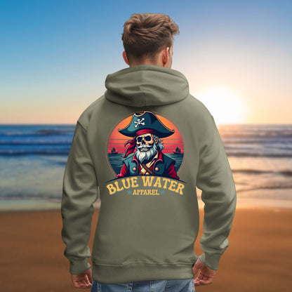 model on beach wearing military green vintage pirate hoodie by blue water apparel