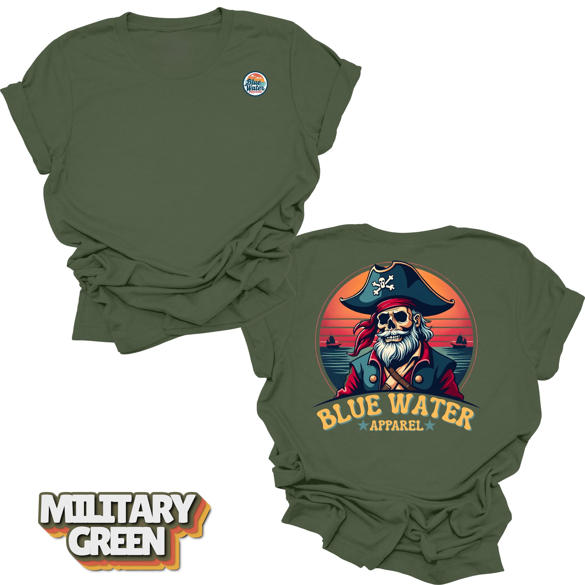Flat lay of Military Green Back Graphic Vintage Pirate tee by Blue Water Apparel