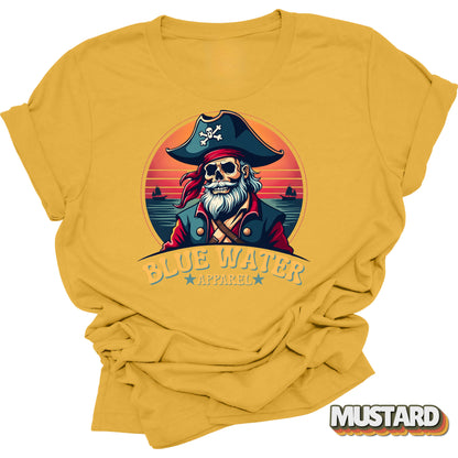 Flat lay of Mustard Front Graphic Vintage Pirate tee by Blue Water Apparel