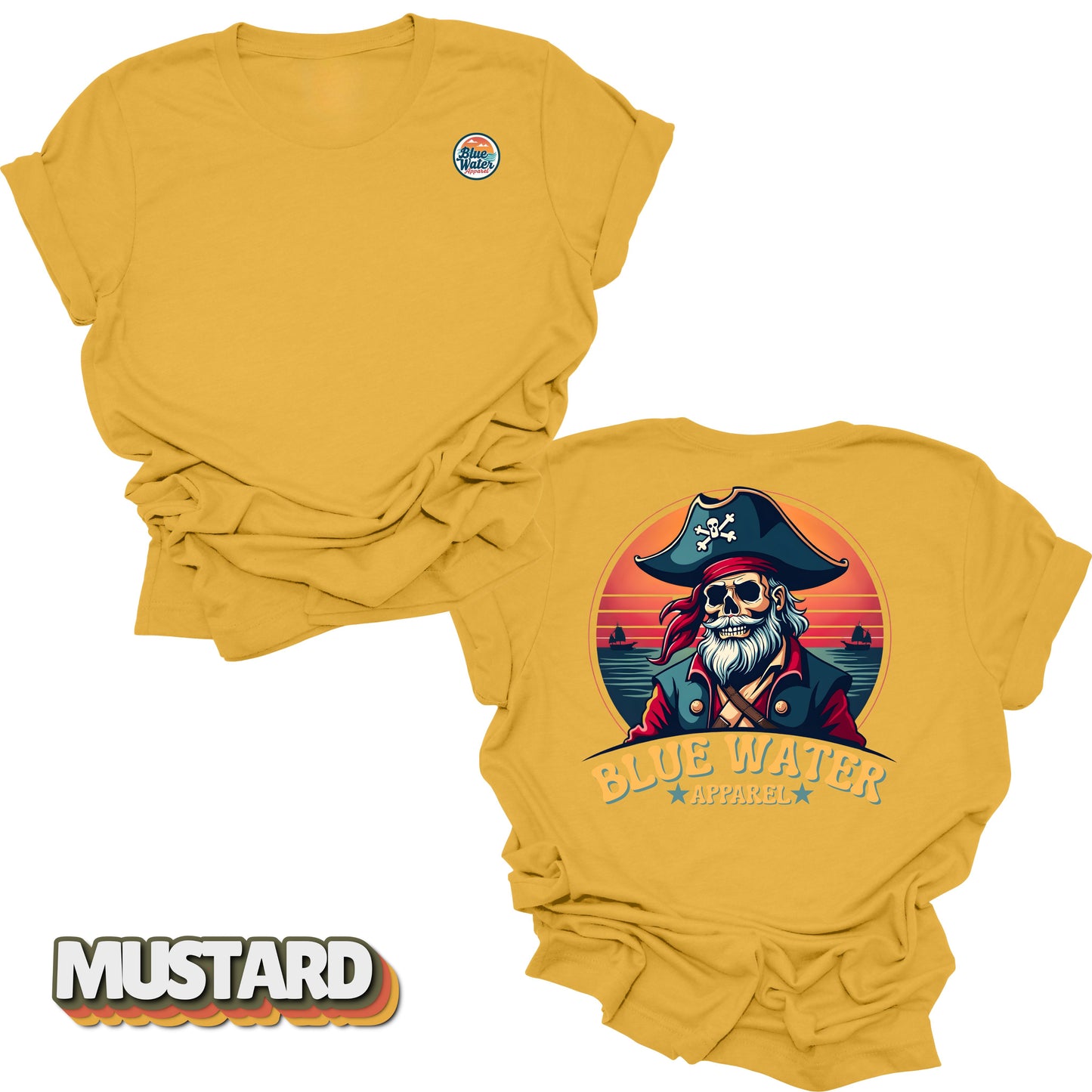 Flat lay of Mustard Back Graphic Vintage Pirate tee by Blue Water Apparel
