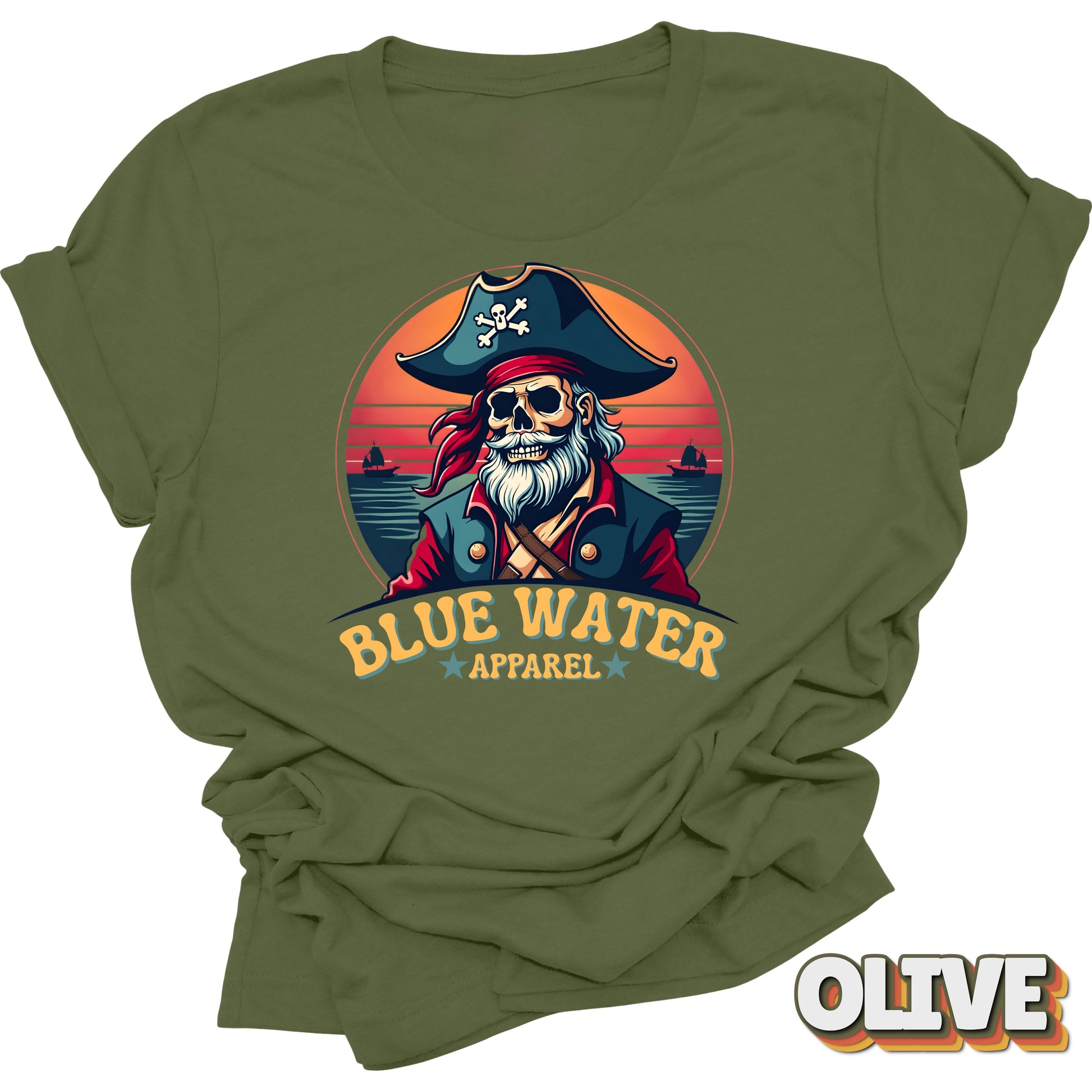 Flat lay of Olive Front Graphic Vintage Pirate tee by Blue Water Apparel
