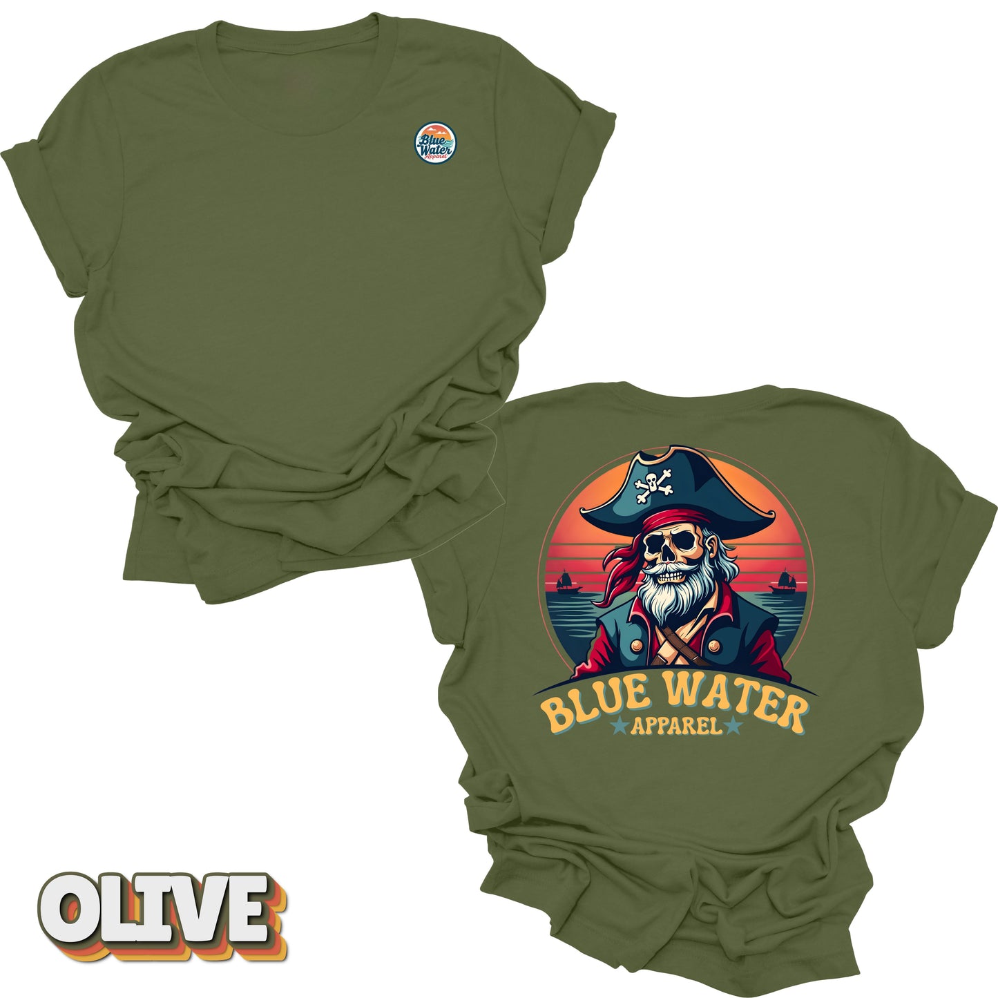Flat lay of Olive Back Graphic Vintage Pirate tee by Blue Water Apparel