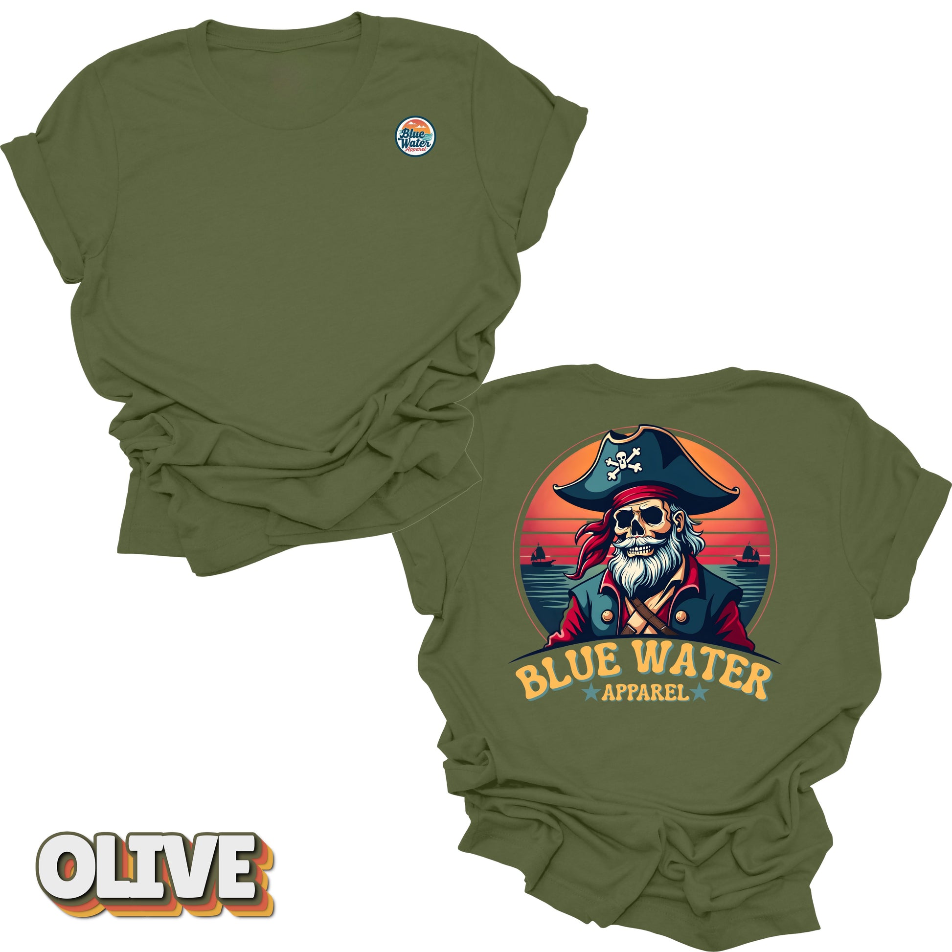 Flat lay of Olive Back Graphic Vintage Pirate tee by Blue Water Apparel