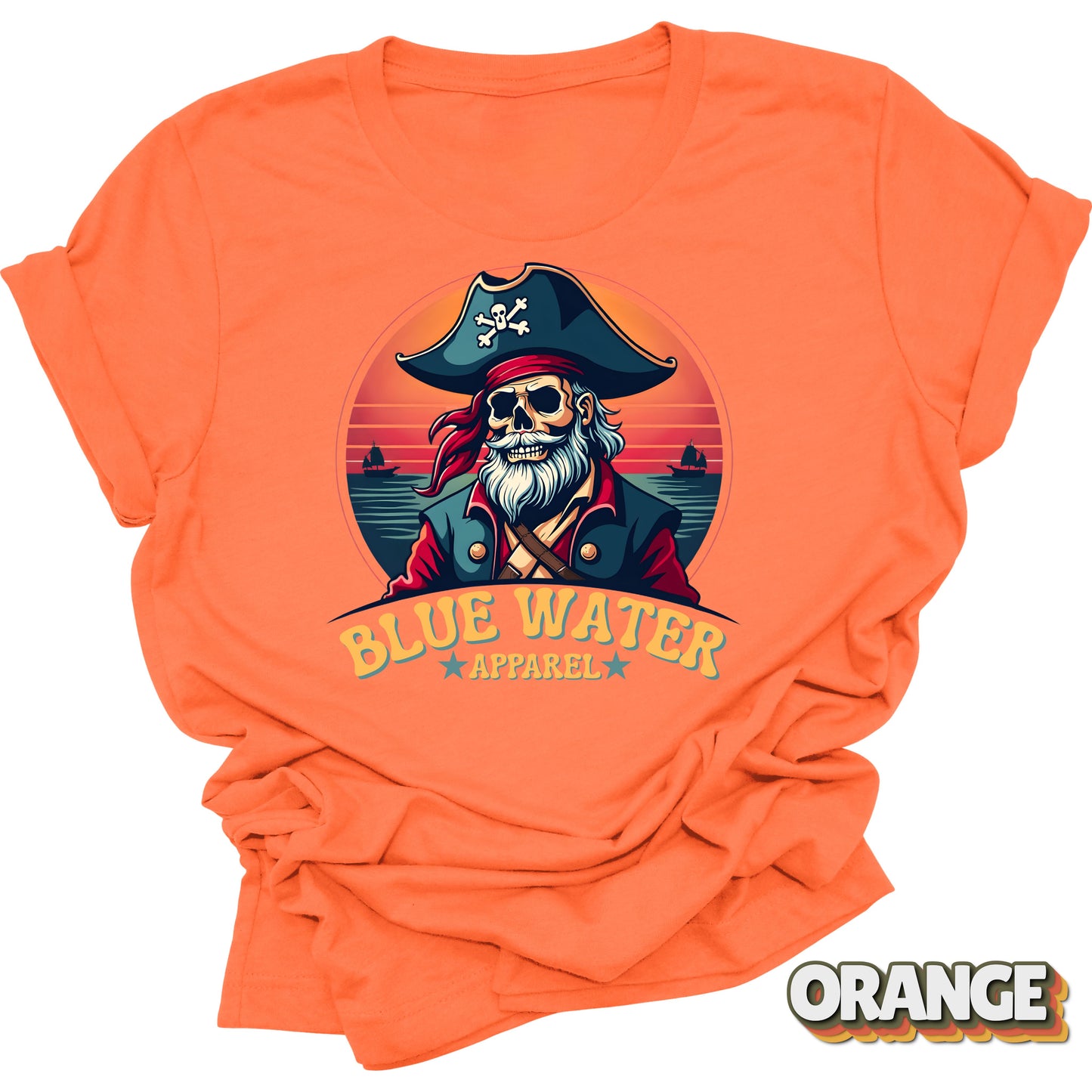 Flat lay of Orange Front Graphic Vintage Pirate tee by Blue Water Apparel